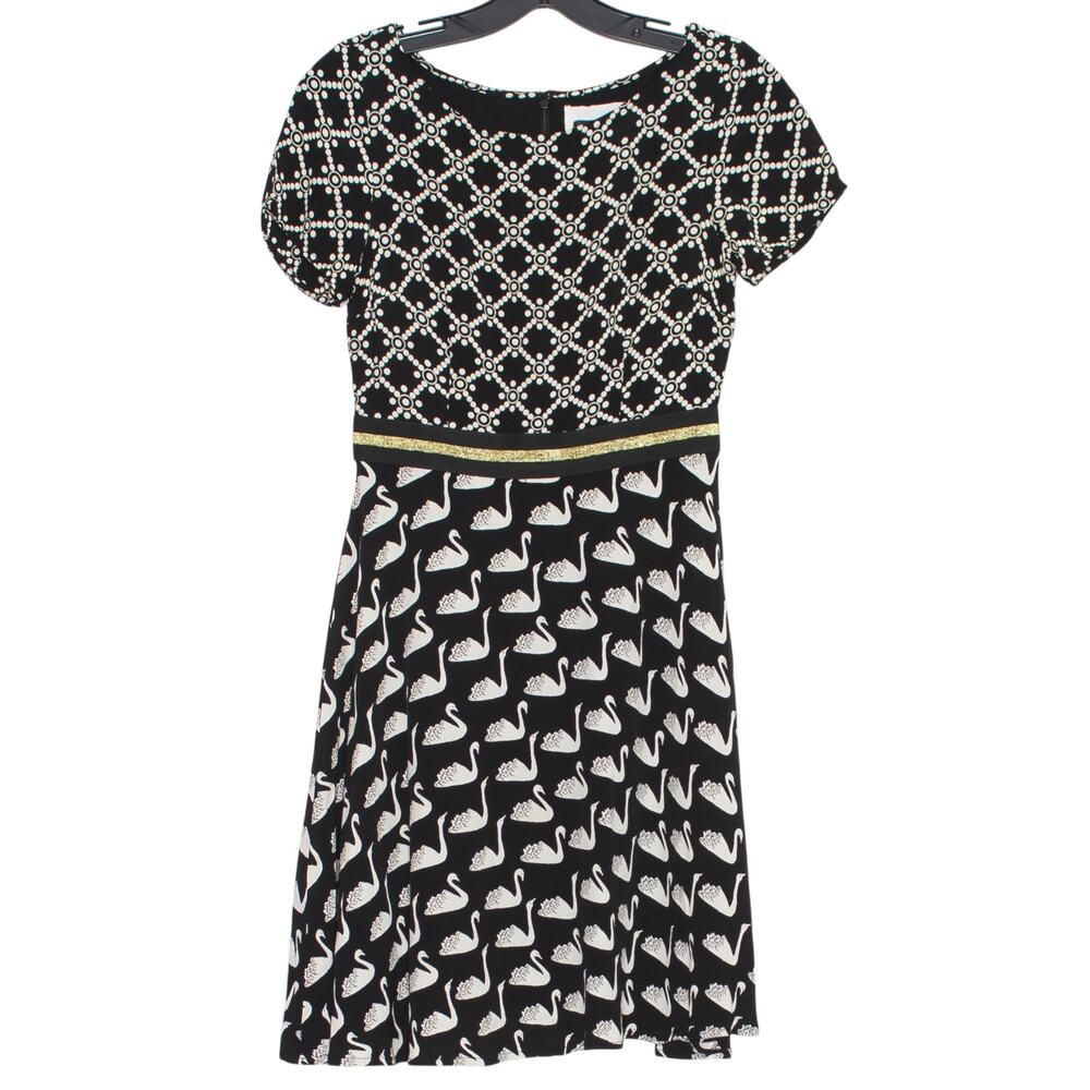 Maeve Anthropologie Swan Novelty Black White Dress Cottagecore Whimsical Size 2